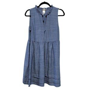 52seven Solid Blue Chambray Ruffled Neck Sleeveless Tiered Dress S